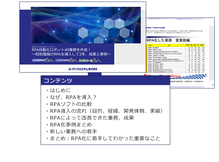 セミナーレポートのコンテンツ はじめに／なぜ、RPAを導入？／RPAソフトの比較／RPA導入の流れ（目的、経緯、開発体制、実績）／RPAによって改善できた業務、成果／RPA化事例まとめ／新しい業務への着手／まとめ：RPA化に着手してわかった重要なこと